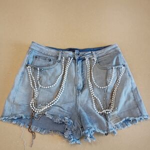 Fashion Nova Stylish Denim Shorts with Pearl Accents Size Large